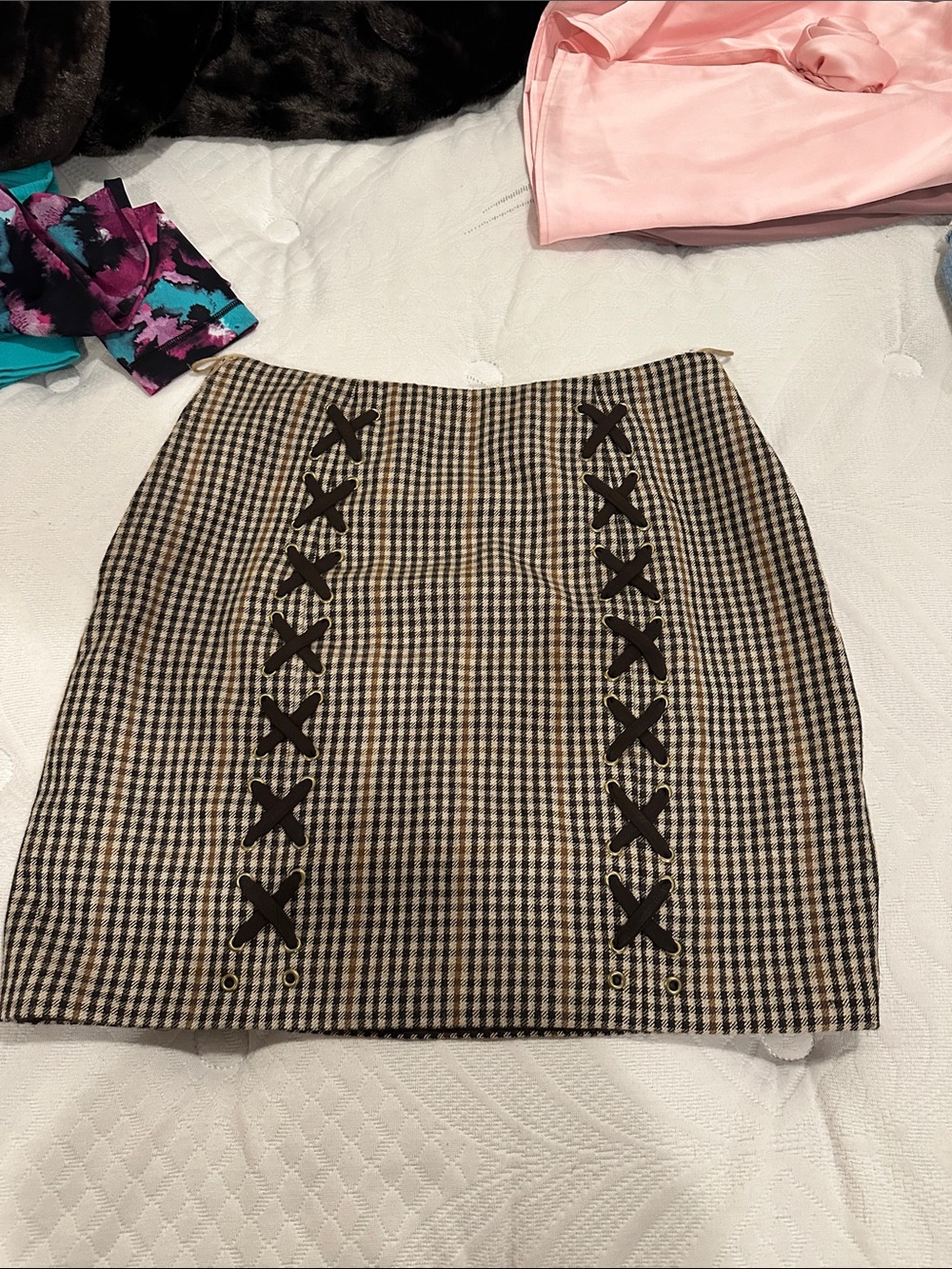 Plaid Mini Skirt with Lace-Up Detail - Brown/Black